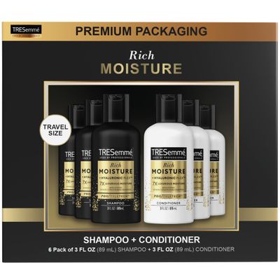 TRESemme Shampoo &amp; Conditioner, Sulfate-Free, Travel Size - Moisture Rich Hair Treatment for Dry, Damaged Hair, Mini Shampoo &amp; Conditioner Sets x 3 for Hair Repair, Scented, 3 Oz Ea (6 Piece Set)