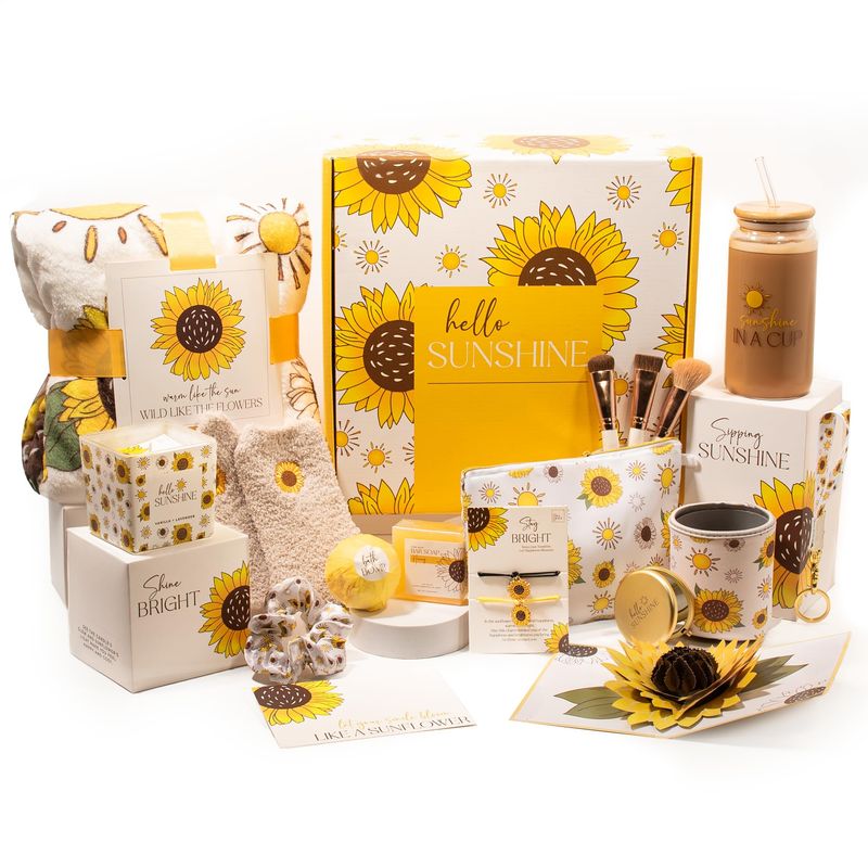 The Love Crate Co Sunflower Gifts for Women, 15pc Christmas Gift Box for Women. Get Well Soon Gift Baskets for Women, You Are My Sunshine Gifts, Care Package For Women Thinking of You, Wellness Gifts.