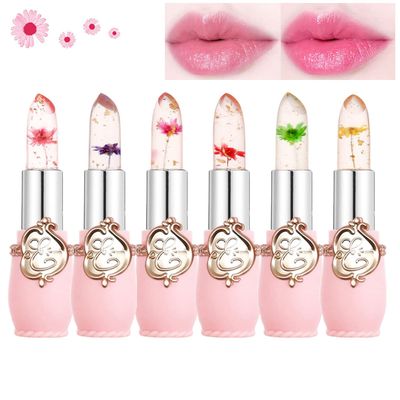 Btspring Clear Flower Jelly Lipstick, 6 Packs Nutritious Moisturizer Lip Balm Temperature Color Change Lipstick Matte Long Lasting Lip Gloss (Pink)