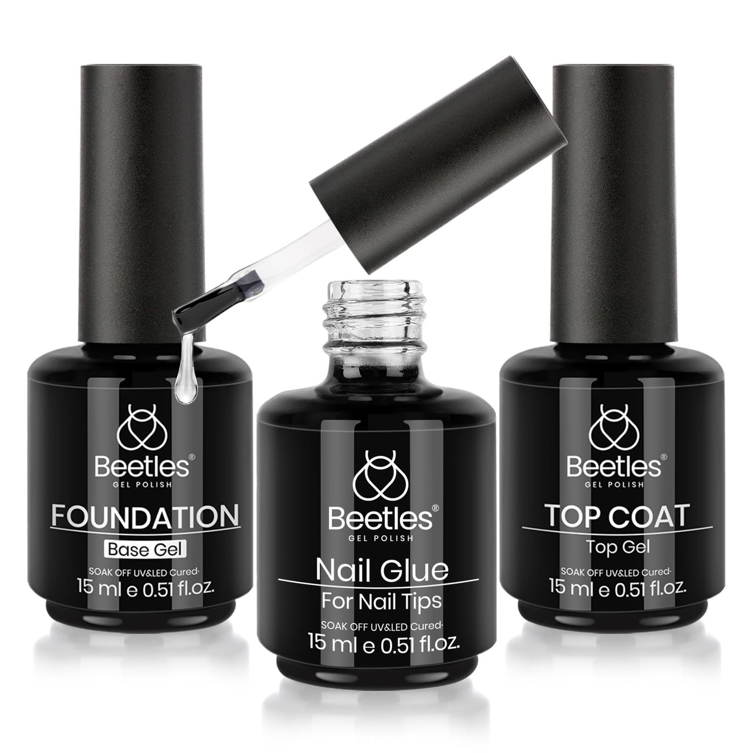 Beetles Top Coat Base Gel &amp; Nail Glue Set-3Pcs No Wipe Top Coat &amp; Base Coat with 5 In 1 Nail Glue Shine Effect Long Lasting Soak Off Uv Light Lamp Diy Valentine&#39;s Day Gift for Women