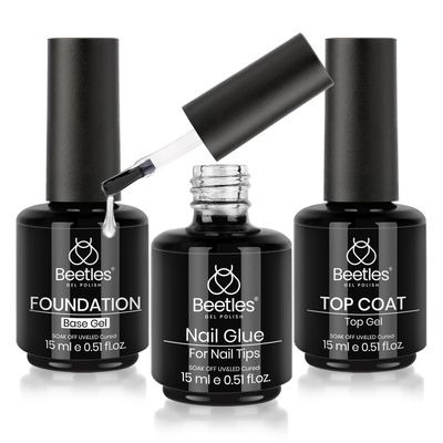 Beetles Top Coat Base Gel &amp; Nail Glue Set-3Pcs No Wipe Top Coat &amp; Base Coat with 5 In 1 Nail Glue Shine Effect Long Lasting Soak Off Uv Light Lamp Diy Valentine&#39;s Day Gift for Women
