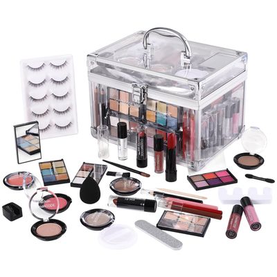 Makeup Kit for Women Full Kit - Eyeshadow Palette, Lipsticks, Lipgloss, Blushes, Contour, Highlighters, Makeup Pencil, False Eyelashes, Re-usable Train Case Gift Set for Teen Girls Starters Pros