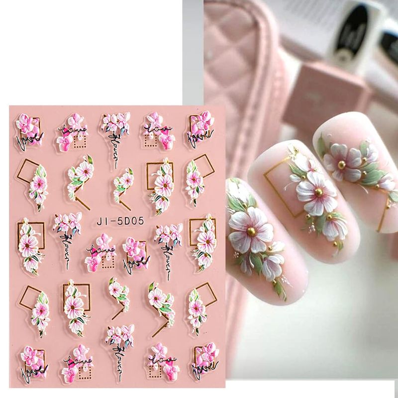 3D Embossed Flower Leaves Nail Art Stickers Decals 4 Sheets 5D Self-Adhesive Pegatinas Uas Summer Nail Supplies Nail Art Design Decoration Accessories
