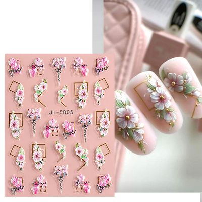 3D Embossed Flower Leaves Nail Art Stickers Decals 4 Sheets 5D Self-Adhesive Pegatinas Uas Summer Nail Supplies Nail Art Design Decoration Accessories