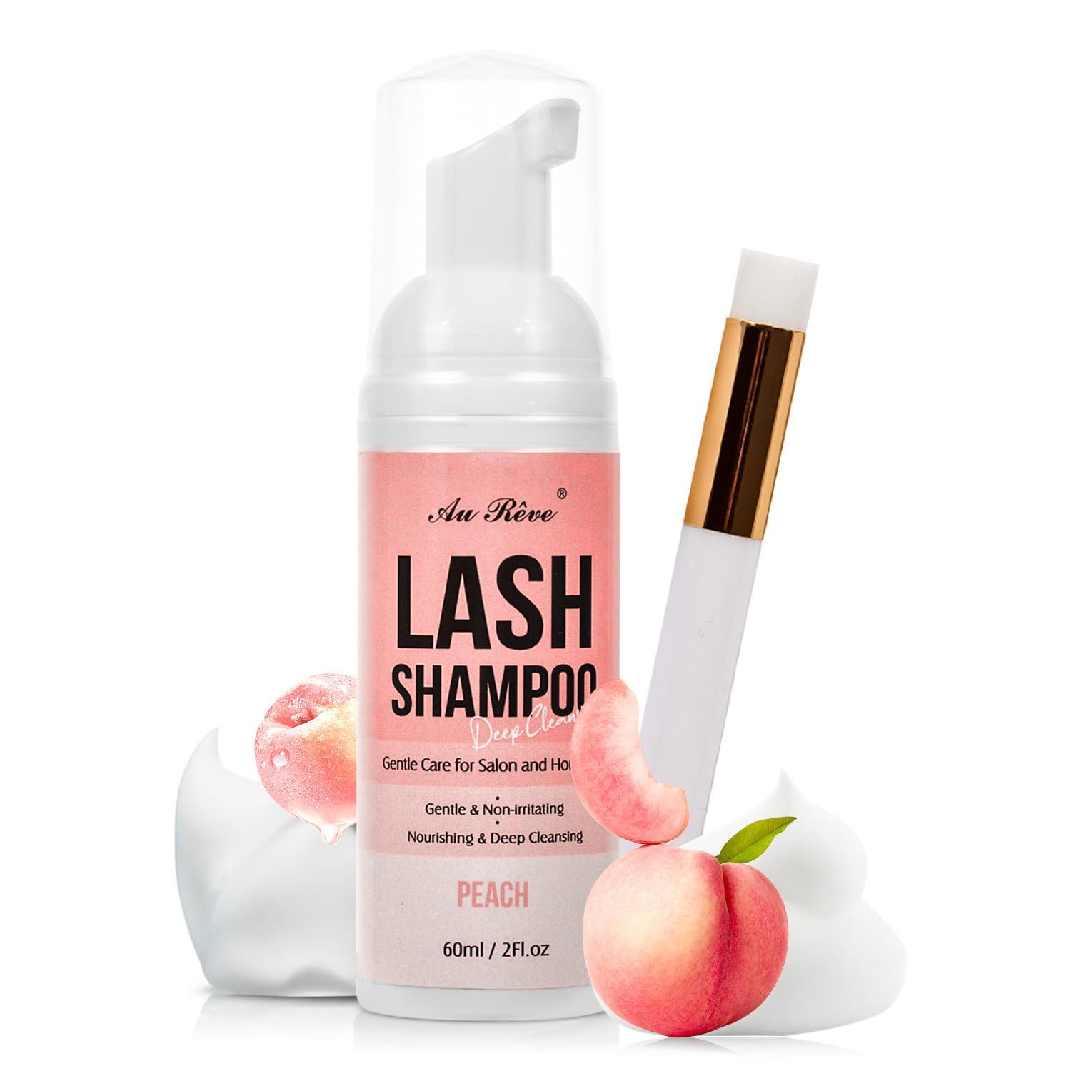 Lash Shampoo for Lash Extensions 60 Ml2fl.oz Eyelash Extension Cleanser Oil Free Lash Cleanser for Eyelash Care, Gentle Foaming Eyelash Shampoo with Brush for Salon Home Care (Peach 60ml)