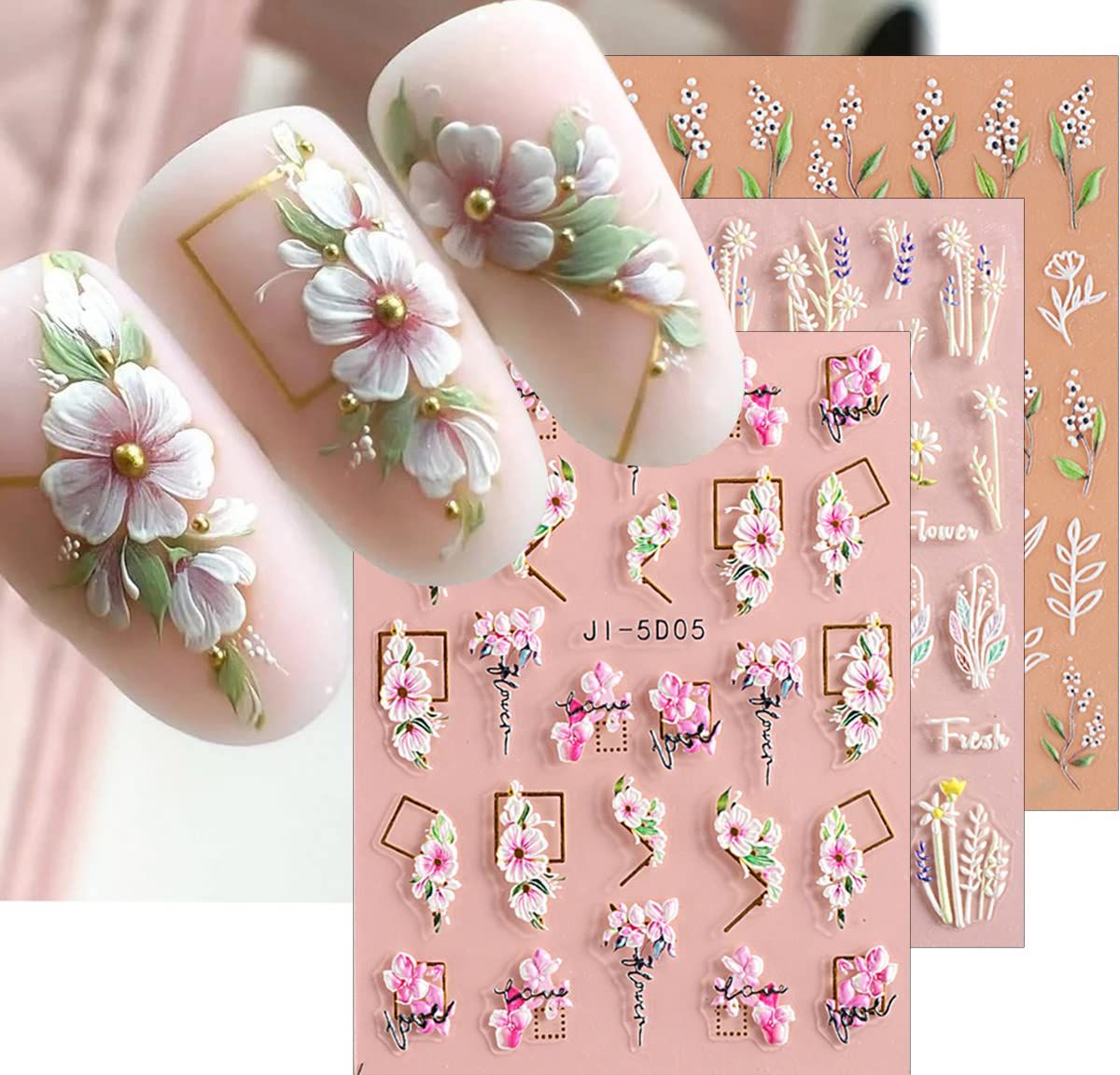 3D Embossed Flower Leaves Nail Art Stickers Decals 4 Sheets 5D Self-Adhesive Pegatinas Uas Summer Nail Supplies Nail Art Design Decoration Accessories
