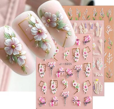 3D Embossed Flower Leaves Nail Art Stickers Decals 4 Sheets 5D Self-Adhesive Pegatinas Uas Summer Nail Supplies Nail Art Design Decoration Accessories