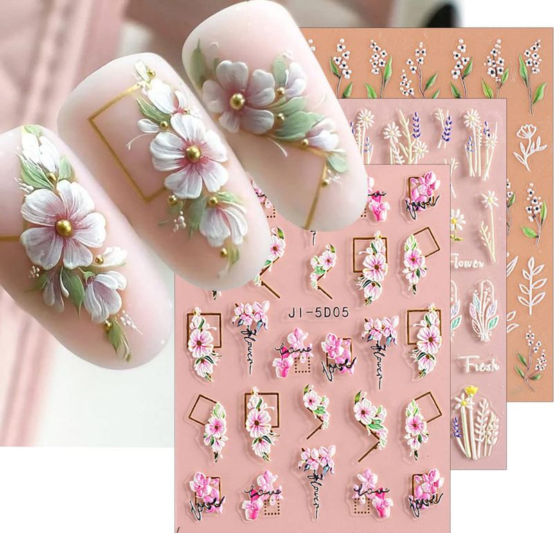 3D Embossed Flower Leaves Nail Art Stickers Decals 4 Sheets 5D Self-Adhesive Pegatinas Uas Summer Nail Supplies Nail Art Design Decoration Accessories