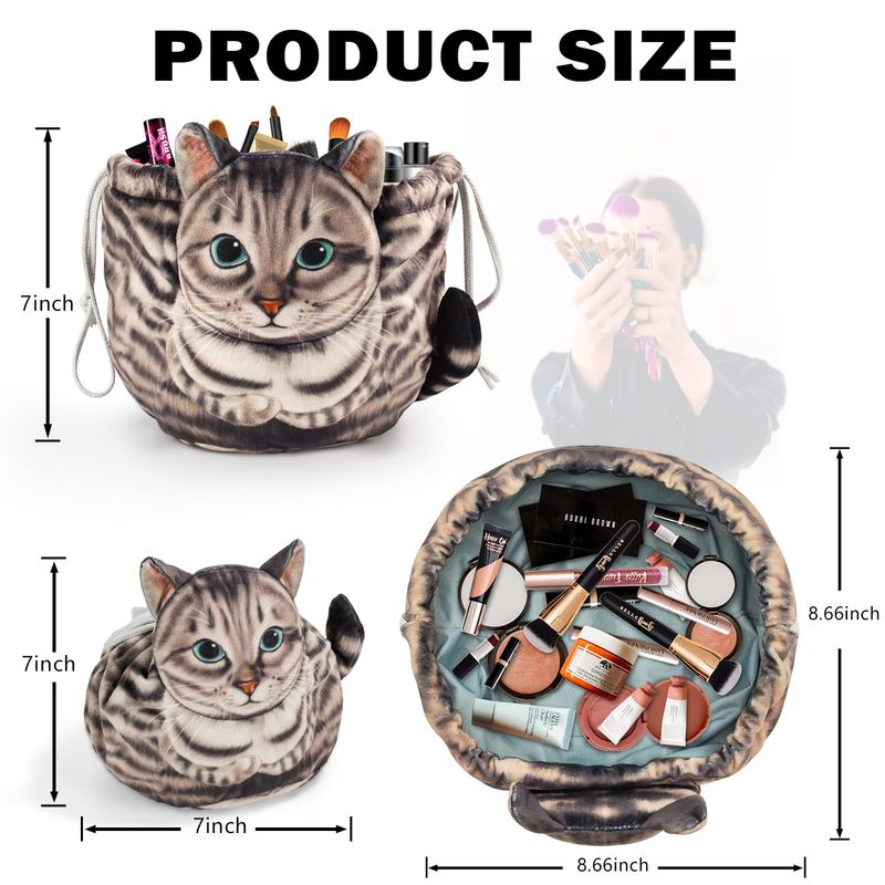 Openhahaha Drawstring Makeup Bag, Cat Makeup Bag, Travel Makeup Organizer, Cosmetic Pouch Bag, Cat Gift for Women, Lay Flat Makeup Bag Gifts for Cat Lovers