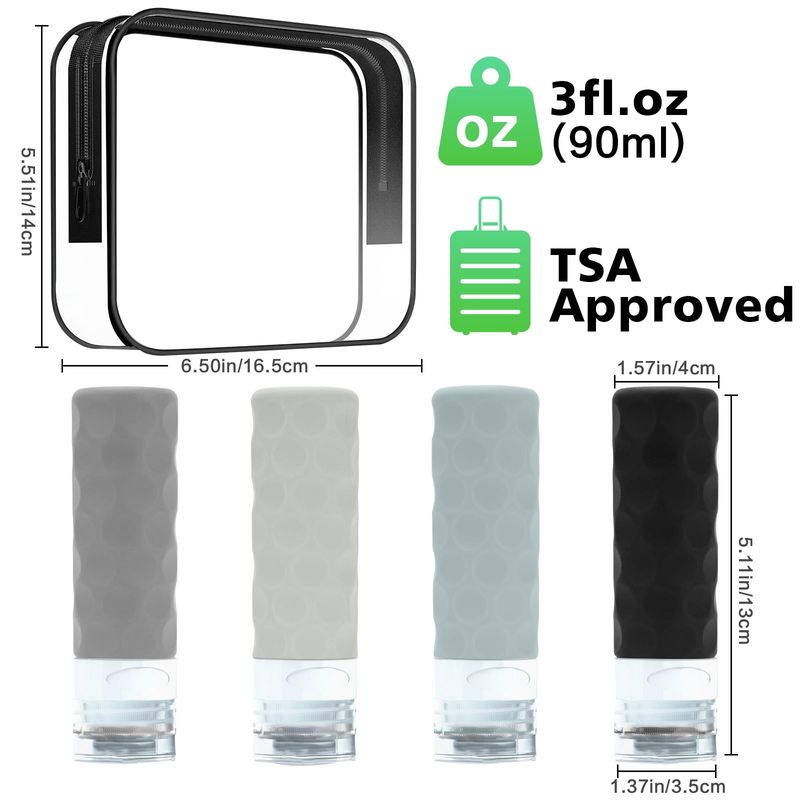 Silevoler Travel Bottles for Toiletries, 4pcs Tsa Approved 3oz Travel Size Containers, BPA Free Leak Proof Premium Silicone Travel Bottles, Refillable Liquid Travel Accessories WToiletry Bag