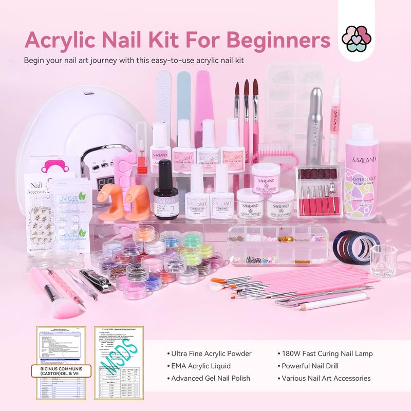 Saviland Acrylic Nail Kit for Beginners Keratin Acrylic Powder Castor Oil Vitamin E Gel Nail Polish Primer 180W Nail Lamp Nail Drill Full Tools Everything Home Starters
