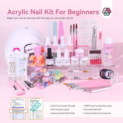 Saviland Acrylic Nail Kit for Beginners Keratin Acrylic Powder Castor Oil Vitamin E Gel Nail Polish Primer 180W Nail Lamp Nail Drill Full Tools Everything Home Starters