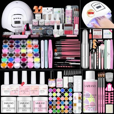 Saviland Acrylic Nail Kit for Beginners Keratin Acrylic Powder Castor Oil Vitamin E Gel Nail Polish Primer 180W Nail Lamp Nail Drill Full Tools Everything Home Starters