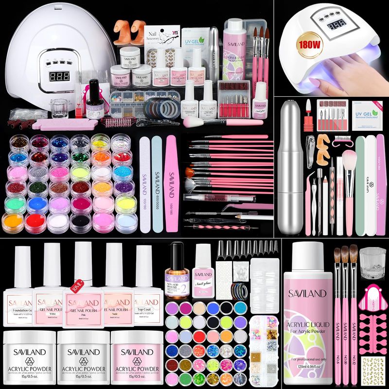 Saviland Acrylic Nail Kit for Beginners Keratin Acrylic Powder Castor Oil Vitamin E Gel Nail Polish Primer 180W Nail Lamp Nail Drill Full Tools Everything Home Starters