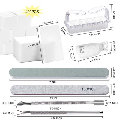 Gel Nail Polish Remover Tools Kit, with 10 Pcs Nail Clips, 400 Pcs Lint Free Nail Wipes, Nail Files 100180, Buffer Block 4004000, Nail Brush, Cuticle Pusher& Peeler (Clear)