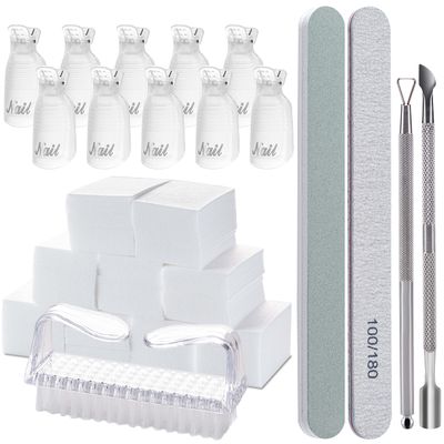 Gel Nail Polish Remover Tools Kit, with 10 Pcs Nail Clips, 400 Pcs Lint Free Nail Wipes, Nail Files 100180, Buffer Block 4004000, Nail Brush, Cuticle Pusher&amp; Peeler (Clear)