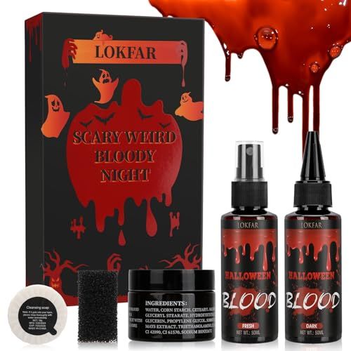 6 IN 1 Fake Blood KitFake Blood 1.69oz X2  Coagulated Blood 1.41ozSpray HeadDripping HeadSoapSpongeWashableRealistic EffectSkin FriendlyProfessional Fake Blood Makeup KitFreshDark