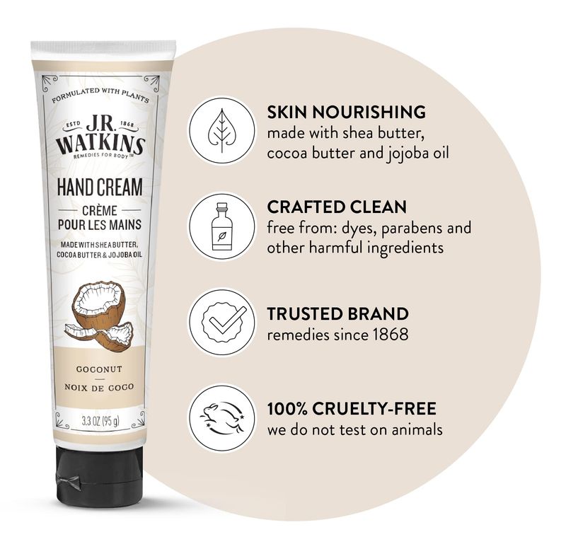 J.R. Watkins Natural Moisturizing Hand Cream, Coconut, Hydrating Hand Moisturizer with Shea Butter, Cocoa Butter, and Avocado Oil, USA Made and Cruelty Free, 3.3oz