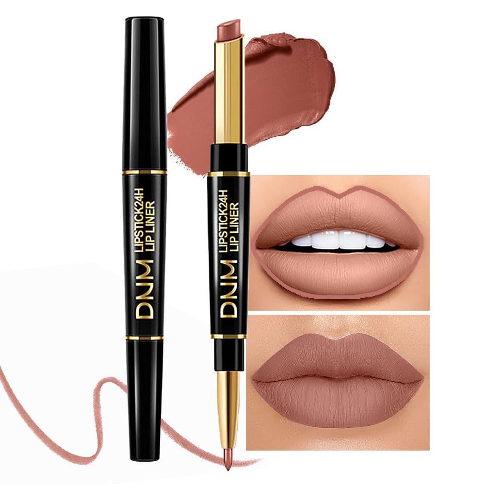 2 in 1 Nude Brown Matte Lip Liner &amp; Lipstick Combination, DNM Metallic Dual Ended Lipstick, Lip Liner, Lip Gloss, 24 Hour all Day Long-Lasting Waterproof Lipliners Pen for Women Lip Makeup Gift Set12#