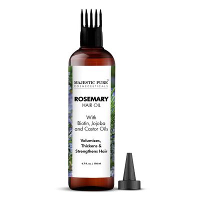 Majestic Pure 100% Pure Rosemary Oil with Biotin for Hair Care, Strengthening, Nourishing, and Volumizing Formula with Jojoba Oil and Castor Oil - Non GMO Verified, 198 ml