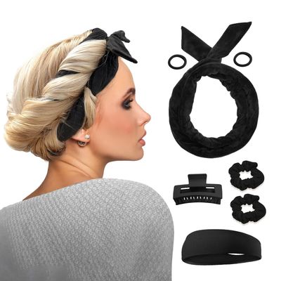 Heatless Extra Long 61&quot; Velour Curling Ribbon Kit for Women - No Heat Cotton Overnight Curls Headband Soft Curling Rod You Can Sleep In (Black)