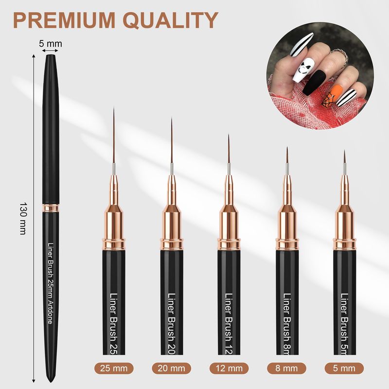 Artdone Metallic Nail Art Pens, Liner Brushes Set, 5PCS Black Color Nail Tools For Long Lines, Thin Details, Fine Drawing, Liner Brush UV Gel Polish Painting Nail Design Sizes 58122025mm