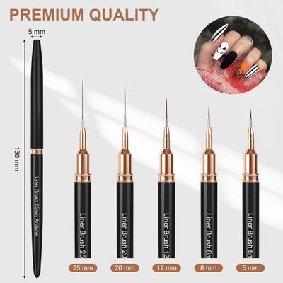 Artdone Metallic Nail Art Pens, Liner Brushes Set, 5PCS Black Color Nail Tools For Long Lines, Thin Details, Fine Drawing, Liner Brush UV Gel Polish Painting Nail Design Sizes 58122025mm