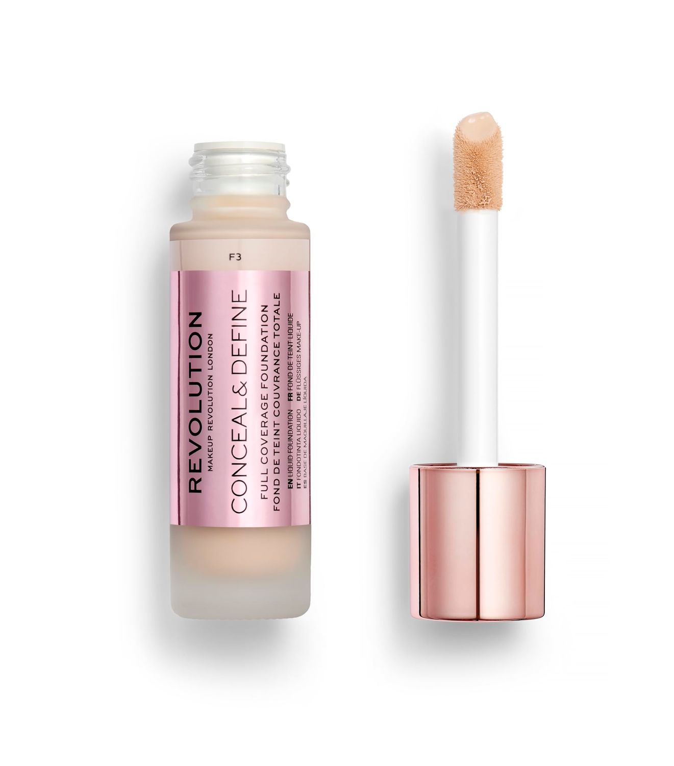 Revolution Beauty, Conceal &amp; Define Foundation, Full Coverage, Long-Lasting Matte Finish, Vegan &amp; Cruelty Free, F3 Fair Skin Tones, 0.8 Fl.Oz.