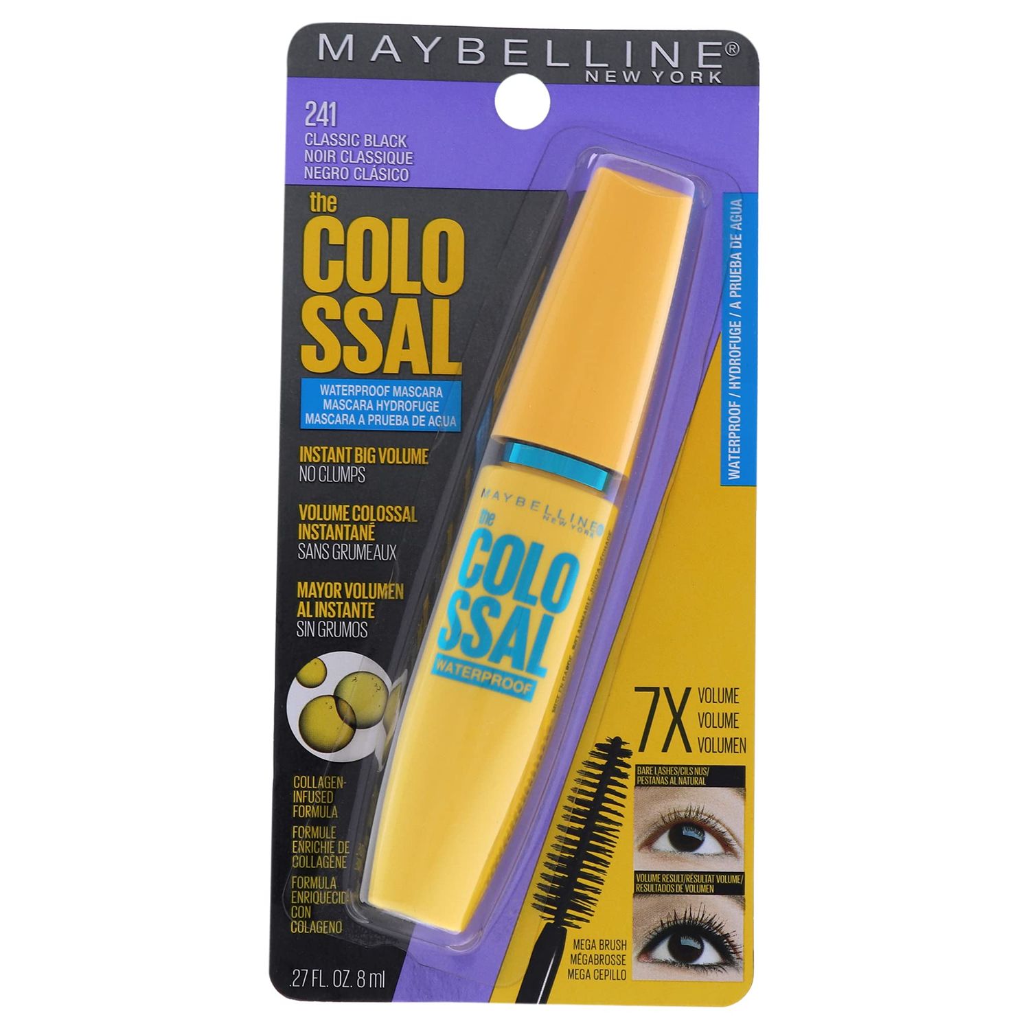 Maybelline Volum&#39; Express The Colossal Waterproof Mascara, Volumizing, Thickening, Clump-Free Make Up Formula, Classic Black, 1 Count