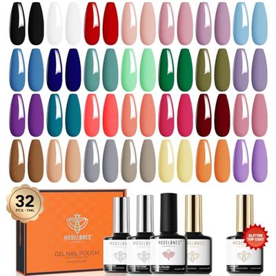 modelones 32 PCS Gel Nail Polish Set, 28 Colors Spring Gel Polish with No Wipe Base Coat, Glitter &amp; Glossy &amp; Matte Top Coat Black Brown Red Purple Soak Off LED Nail Art Kit Salon at Home