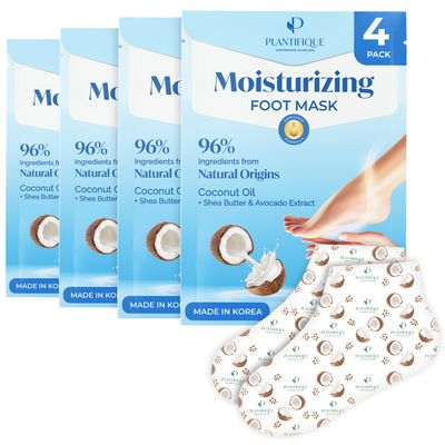 PLANTIFIQUE Korean Foot Mask Moisturizing 4 Pairs box for Dry &amp; Cracked Feet - Hydrating Socks for Soft Heels - Intense Moisturizing and Repairing Dry Rough Skin - Foot Spa - Happy Feet Mask