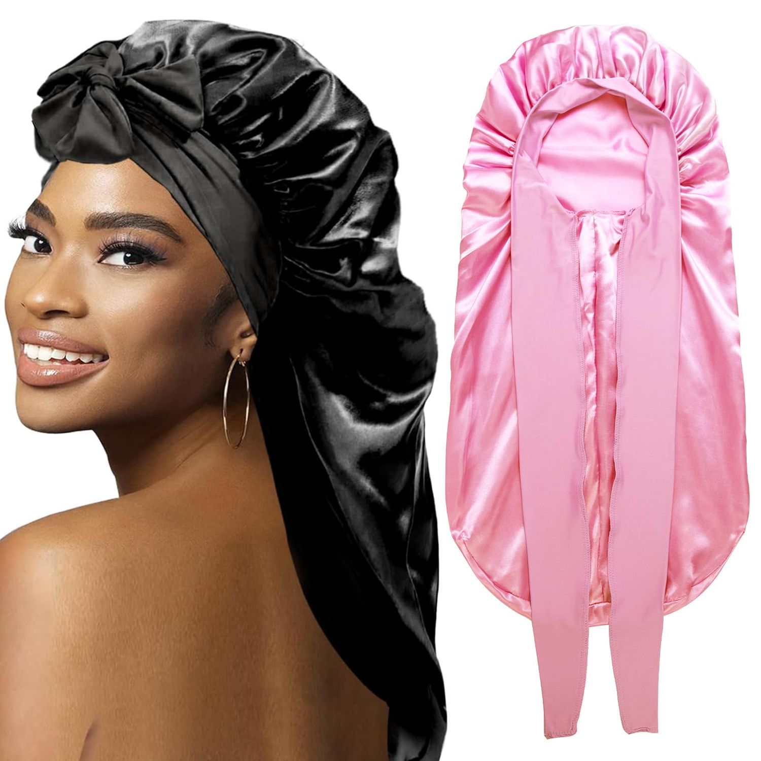 2Pcs Bonnets for Black Women Braid Bonnet, Large Long Satin Bonnet for Braids, Silk Bonnet with Stretchy Tie Band Sleep Cap Hair (2Pcs-Black&amp;Pink)