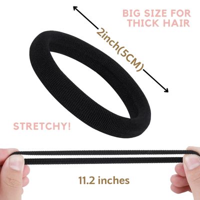 60 Pcs 2 Inch Black No Damage Hair Ties for Women Thick Hair, Large Soft Seamless Nylon Fabric Elastic Hair Ties Ponytail Hair Holders Hair Elastics Hair Band for Women