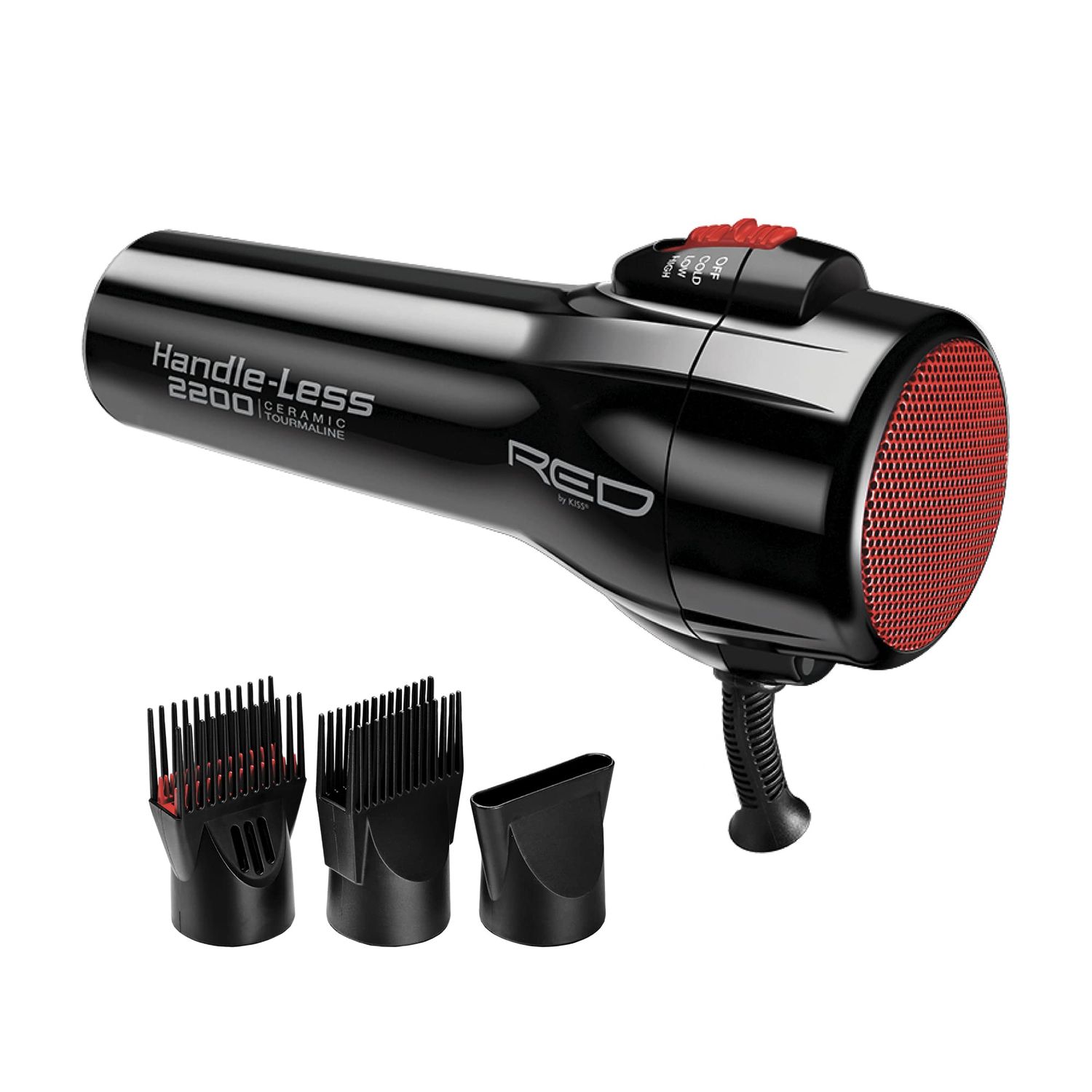 RED by Kiss Handle-Less 2200W Ceramic Tourmaline Hair Dryer, 3 Heat Settings, Pro Blow Dryer with Comb Attachment, Ionic for Frizz-Free Shine, Detangler &amp; Straightening for 4C
