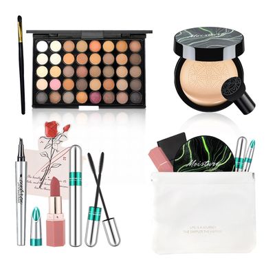 All in One Makeup Kit 7PCS for Women Girls Air Cushion Eyebrow Pencil Eyeshadow Palette Mascara Lipstick Makeup Bag, Create Sophisticated Makeup for Your Wife &amp; Girlfriend Valentine&#39;s Day Gift
