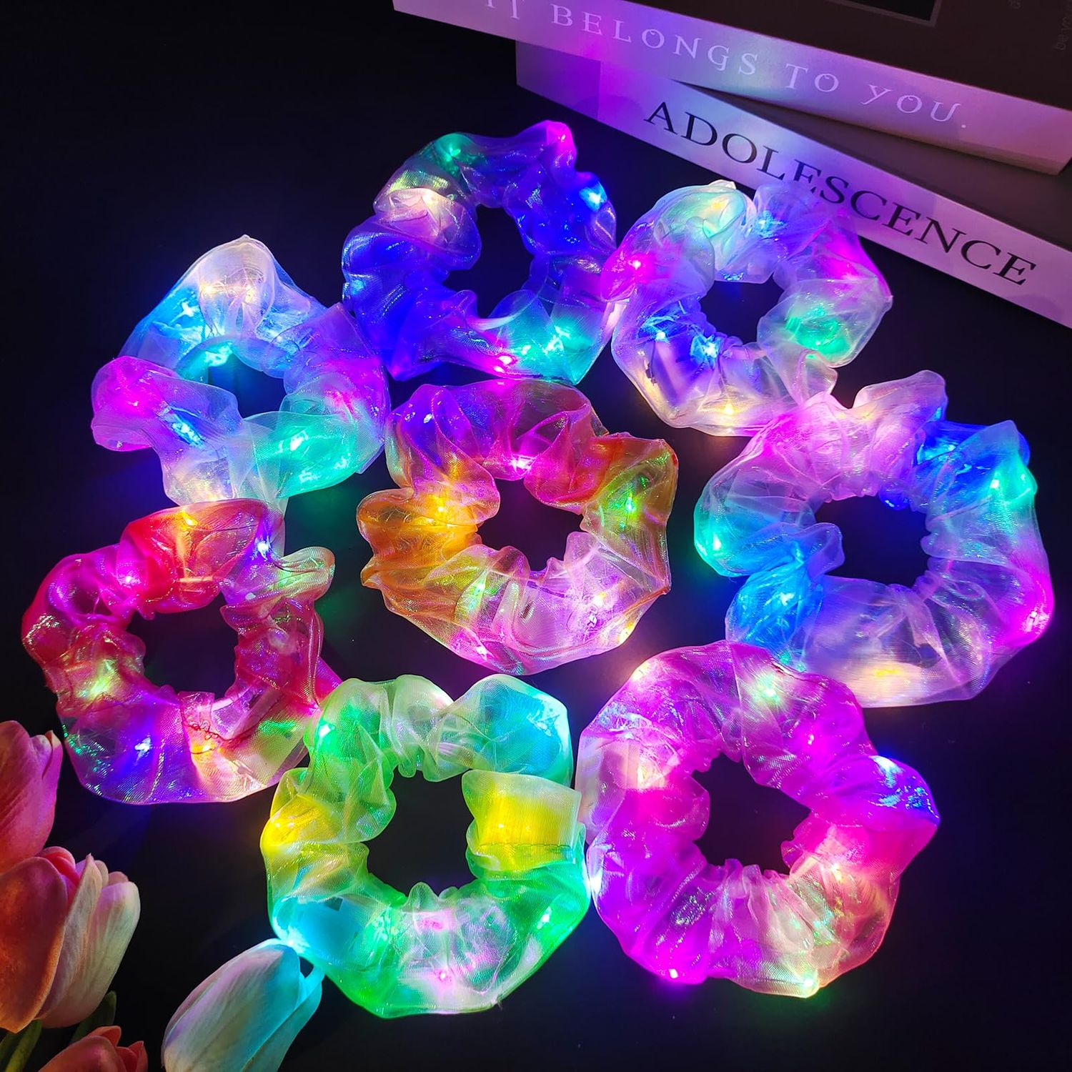 8 Pcs Light Up Mermaid Scrunchies, LED Hair Scrunchy for Girl &amp; Women, Multi Light Modes, Glow in the Dark Accessories for Rave Neon Slumber Party