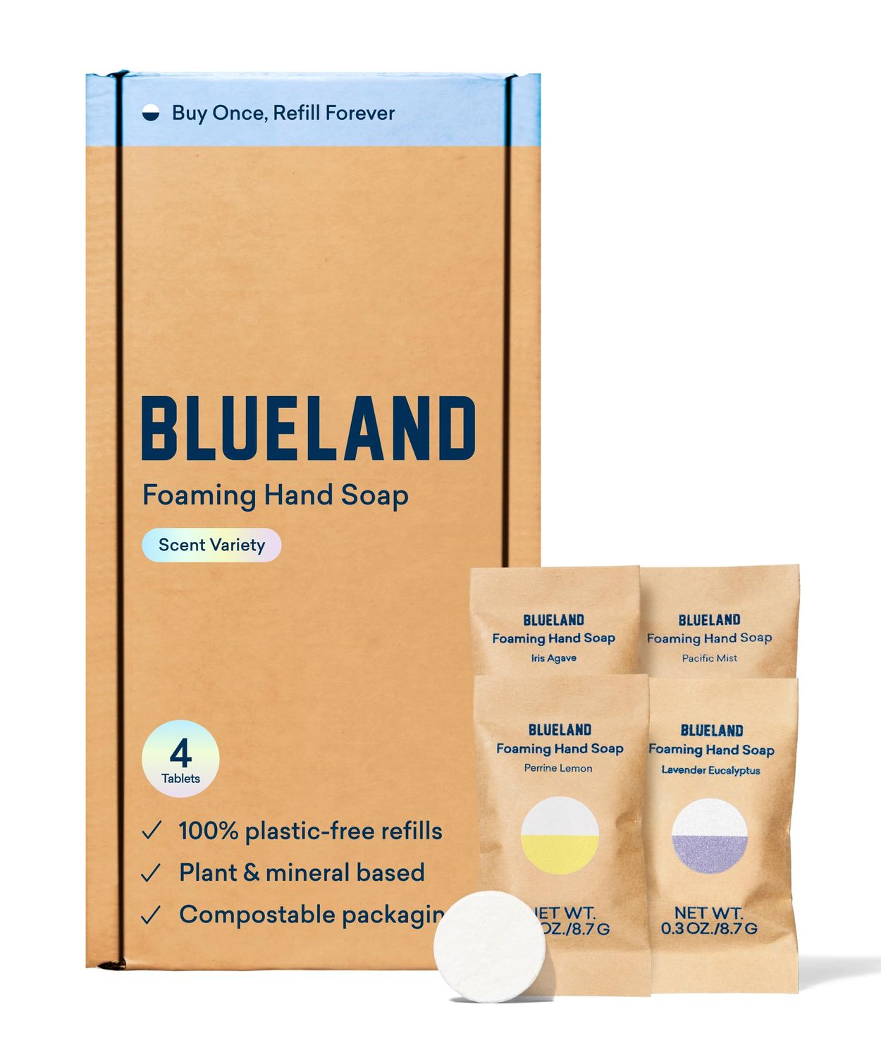 BLUELAND Foaming Hand Soap Tablet Refills - 4 Pack | Eco Friendly Products &amp; Cleaning Supplies | Variety Pack Scents | Makes 4 x 9 Fl oz bottles (36 Fl oz total)