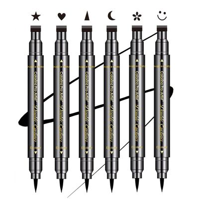 SUMEITANG 6 Pcs Double-headed Eyeliner Stamps Set Black Liquid Eye Liner Pen With Star,Moon,Heart,Flower,Smiley,Triangle Stamp Stencils Shapes for Women Makeup Kit Long-Lasting Waterproof Smudgeproof