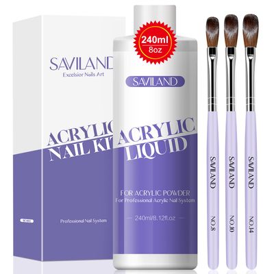 Saviland Monomer Acrylic Nail Liquid - 8.11fl.oz Acrylic Liquid with 3PCS Acrylic Brushes Size81014for Acrylic Powders, Non-Yellowing Acrylic Nail Liquid for DIY Home Nail Salon Use
