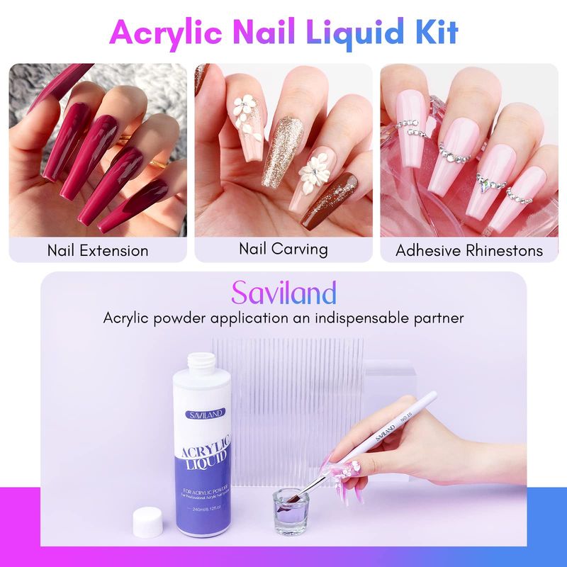 Saviland Monomer Acrylic Nail Liquid - 8.11fl.oz Acrylic Liquid with 3PCS Acrylic Brushes Size81014for Acrylic Powders, Non-Yellowing Acrylic Nail Liquid for DIY Home Nail Salon Use