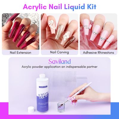 Saviland Monomer Acrylic Nail Liquid - 8.11fl.oz Acrylic Liquid with 3PCS Acrylic Brushes Size81014for Acrylic Powders, Non-Yellowing Acrylic Nail Liquid for DIY Home Nail Salon Use