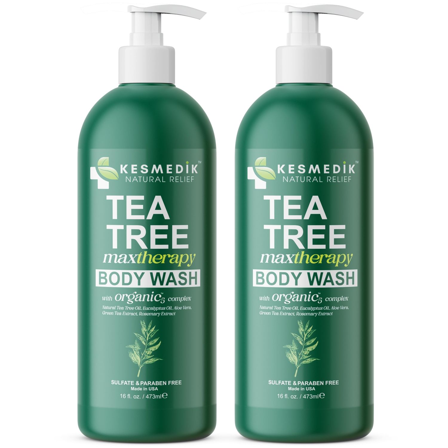 KESMEDIK Tea Tree Body Wash - Antibacterial &amp; Antifungal Defense Whole-Body Wash for Odors, Athlete&#39;s Foot, Ringworm, Acne, and Eczema Relief. Refreshes and Soothes Itchy Skin. 2-Pack, 16 fl oz Each.