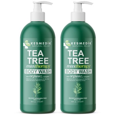 KESMEDIK Tea Tree Body Wash - Antibacterial &amp; Antifungal Defense Whole-Body Wash for Odors, Athlete&#39;s Foot, Ringworm, Acne, and Eczema Relief. Refreshes and Soothes Itchy Skin. 2-Pack, 16 fl oz Each.