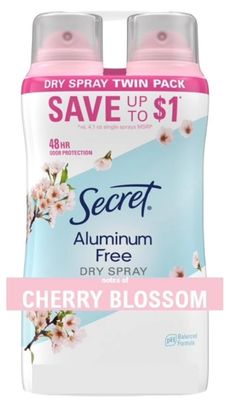 Secret Dry Spray Aluminum Free Deodorant for Women, 48hr Weightless Odor Protection, Gentle on Skin, Cherry Blossom Scent, 4.1 oz (Pack of 2)