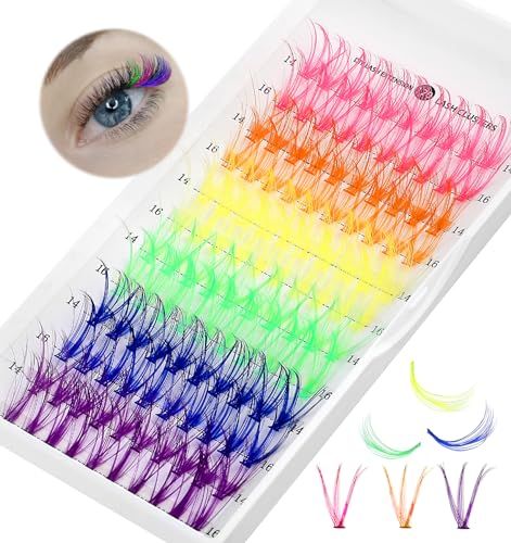 Colored Lash Clusters, Heasy Colored Lash Extensions Individual Lashes D Curl DIY Eyelash Extension Wispy 14mm 16mm Mixed 6 Colorful Cluster Lashes Pack, Blue,Green,Orange,Pink,Purple