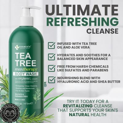 KESMEDIK Tea Tree Body Wash - Antibacterial &amp; Antifungal Defense Whole-Body Wash for Odors, Athlete's Foot, Ringworm, Acne, and Eczema Relief. Refreshes and Soothes Itchy Skin. 2-Pack, 16 fl oz Each.