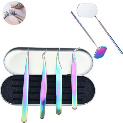 ZECNG DIY Eyelash Extension Clip and Lash Mirror Set, Rainbow Color Detachable Stainless Steel Eyelash Makeup Mirror 45Angle Design Hand Mirror Eyelash Extensions Accessories for Lash Supplies
