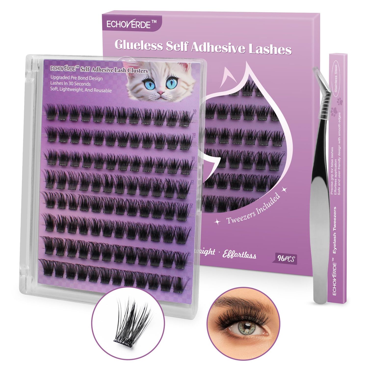 ECHOVERDE Press On Lash Clusters. Self Adhesive Eyelashes 10-14mm Volume Thick and Durable with Lash Tweezers. DIY Lash Extension Kit Affordable for Any Occasion. No Glue Needed. (96PCS, D Curl)