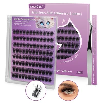 ECHOVERDE Press On Lash Clusters. Self Adhesive Eyelashes 10-14mm Volume Thick and Durable with Lash Tweezers. DIY Lash Extension Kit Affordable for Any Occasion. No Glue Needed. (96PCS, D Curl)