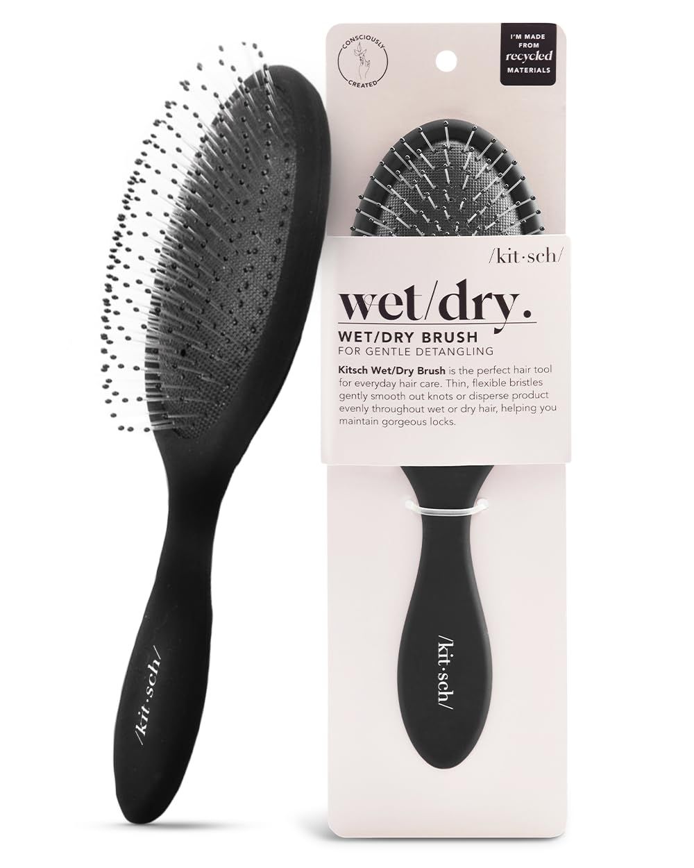 Kitsch Hair Detangler Brush - Soft Bristle Detangling Brush for Women, Curly &amp; Straight, Dry &amp; Wet Hair Brush, Tangle Free Hair Brush, Flexible Bristles Comb, Travel-Friendly - Black